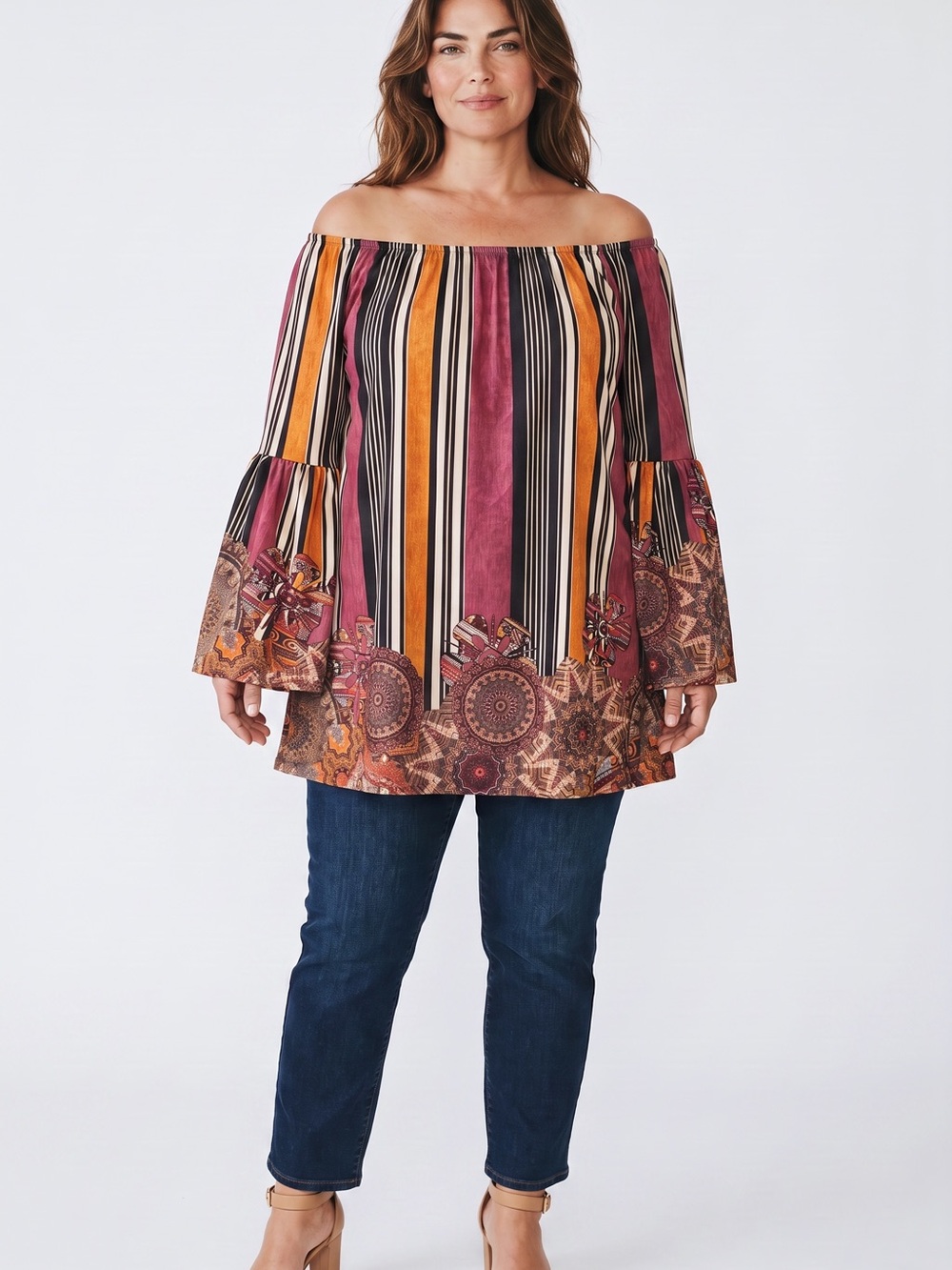 Off-Shoulder Striped & Paisley Bell-Sleeve Tunic - Pink Multi
